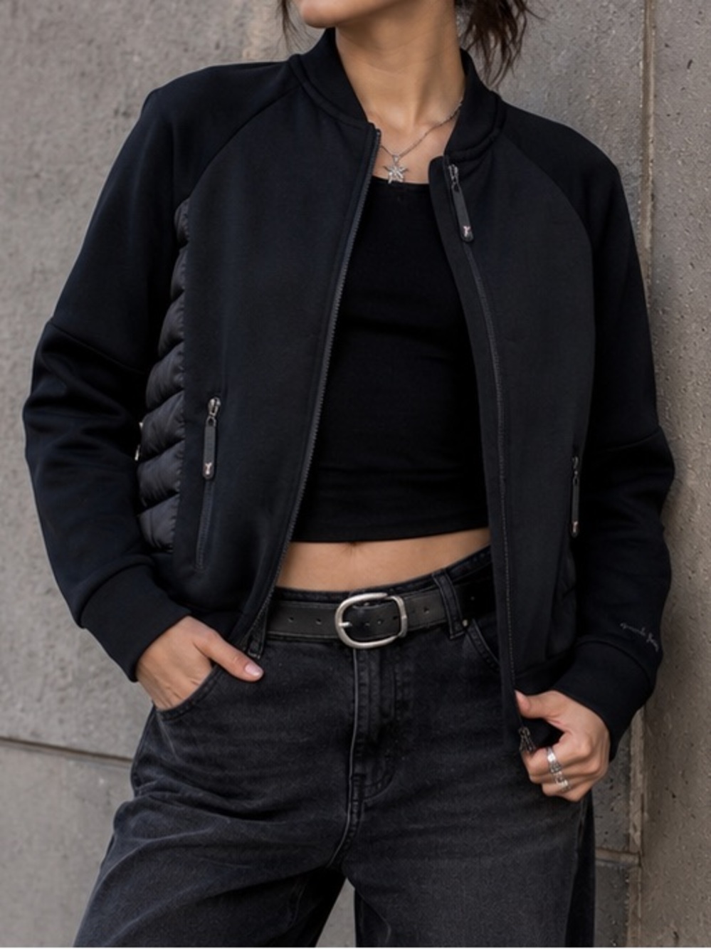 TRIPLE FIVE SOUL Y2K Black Puffer Moto Jacket Mixed Media Streetwear S